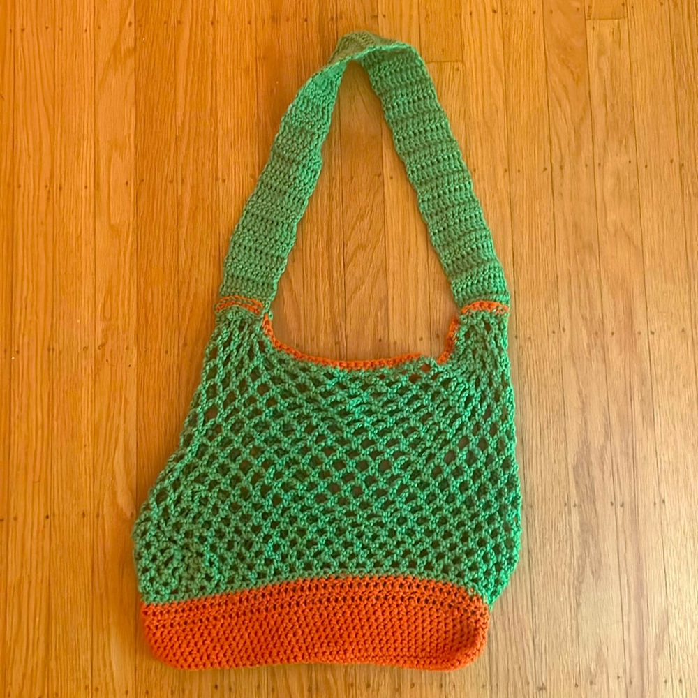 Vintage hand made crochet green and orange purse